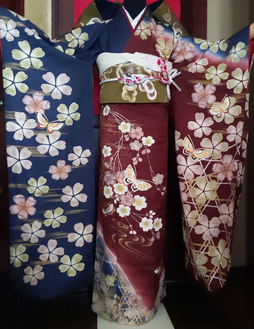 351華やぎ【桜蝶 紺色×ワイン色】【振袖6点フルセット】卒業謝恩会