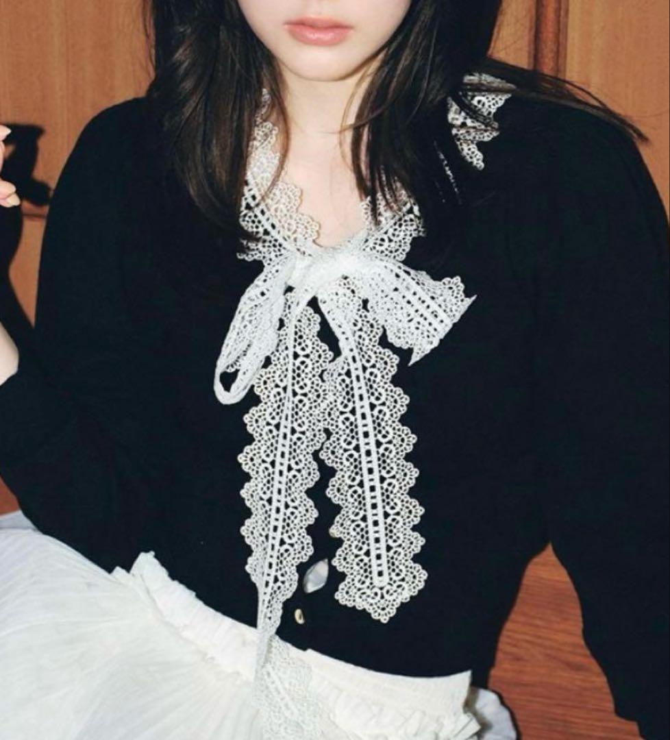 SNIDEL レースボウタイカーディガン ブラック - メルカリ