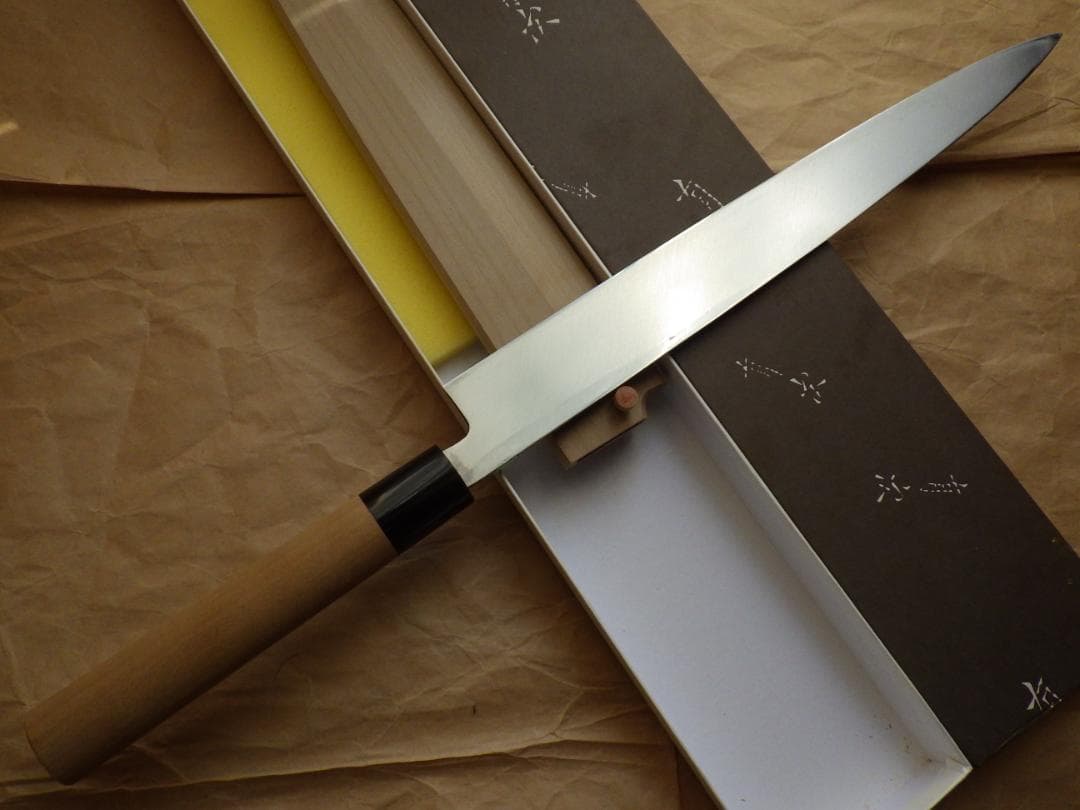 京都/有次・特製/柳刃刺身包丁☆黒水牛柄・未使用☆鞘ピン・共箱有り