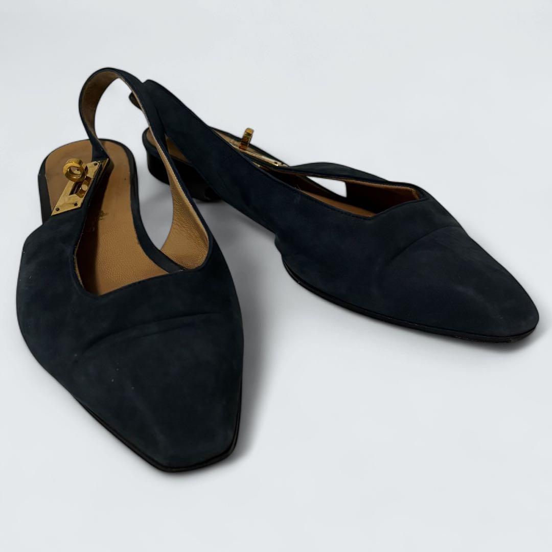 ケリー　HERMES ミュール　カデナ　フラットパンプス　24 濃紺　スエード 7086 エルメス スエード ぺガス ケリー金具 フラットシューズ ネイビー