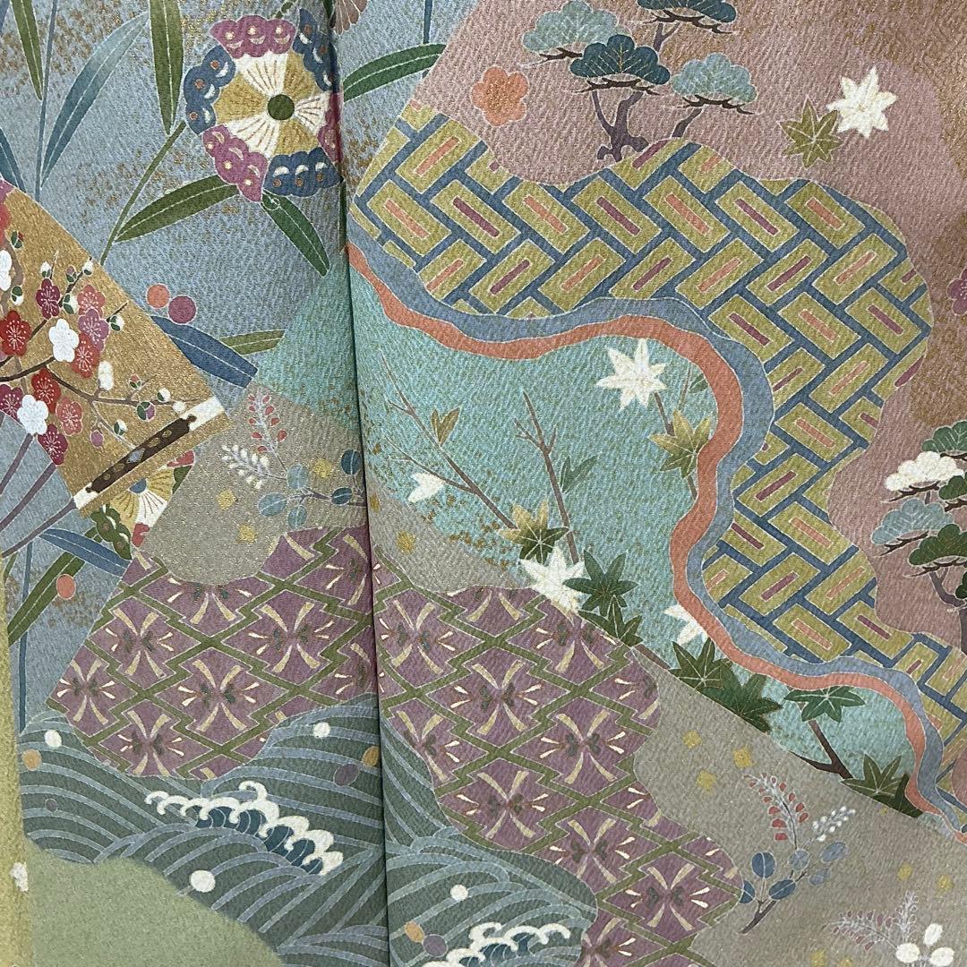b493 正絹 袷 訪問着 金駒刺繍 金箔 友禅 圭雲 トールサイズ 極美品