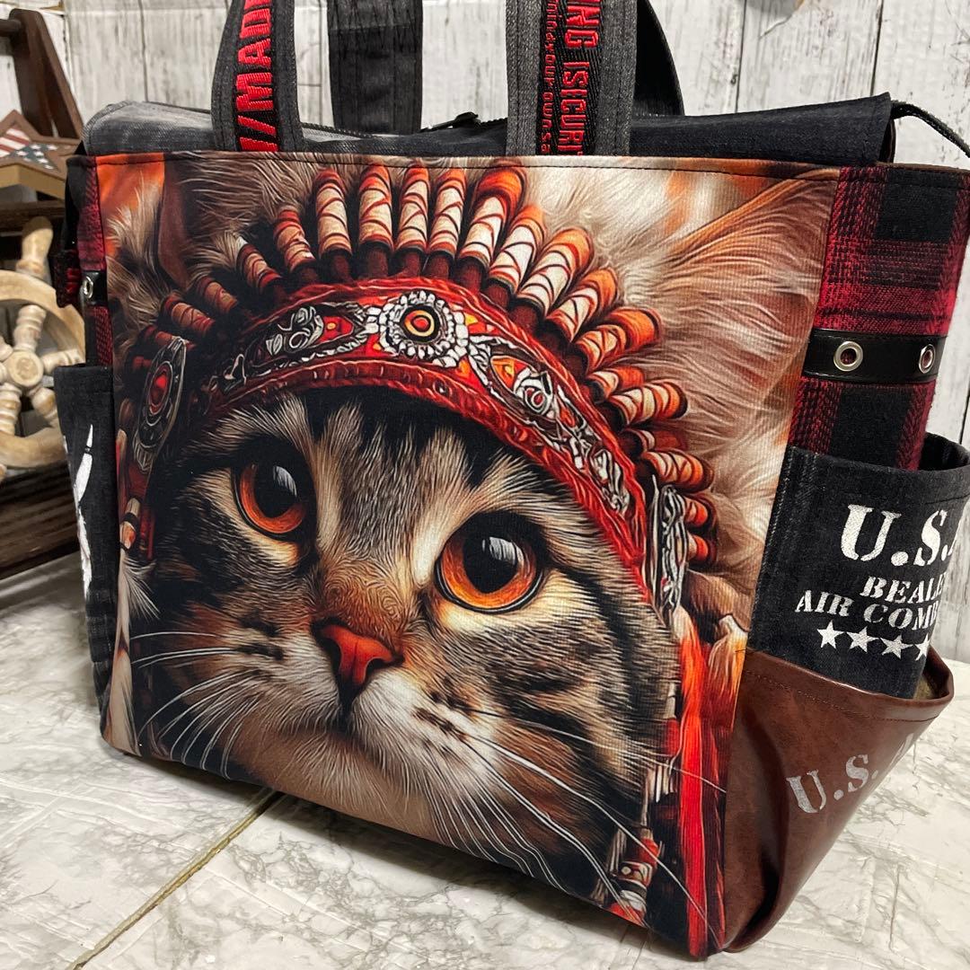 No.542 デニムリメイクバッグ 肩掛けトートバッグ キャット