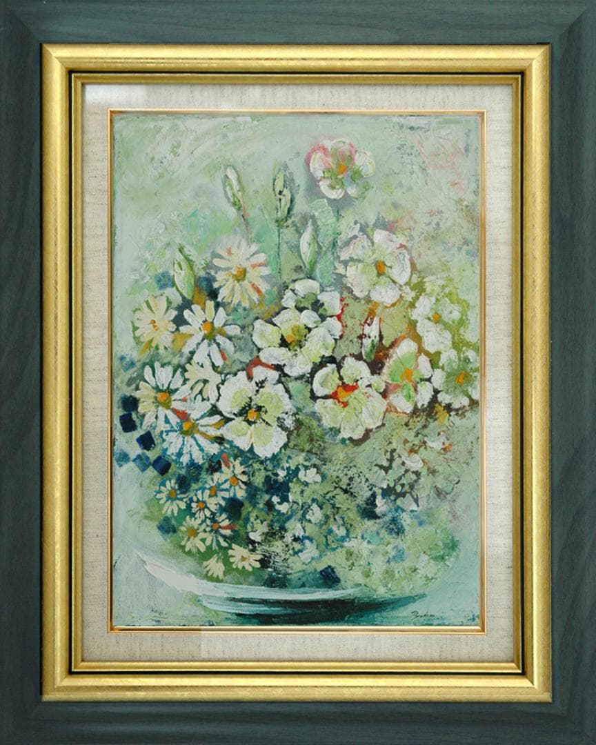 油絵 菅家令子 絵 絵画インテリア 額付(青緑＋金色の枠)uF6-112802花 油絵 菅家令子 絵 絵画インテリア額付(青緑＋金色の枠) F4-071012女性