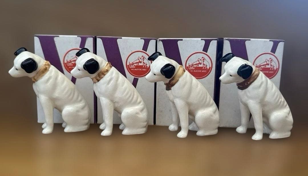 7.5cm手のひらサイズニッパー犬陶器製　4個セット フランシス・バラウド ニッパー犬 ヴィンテージステンドグラス 箱付き