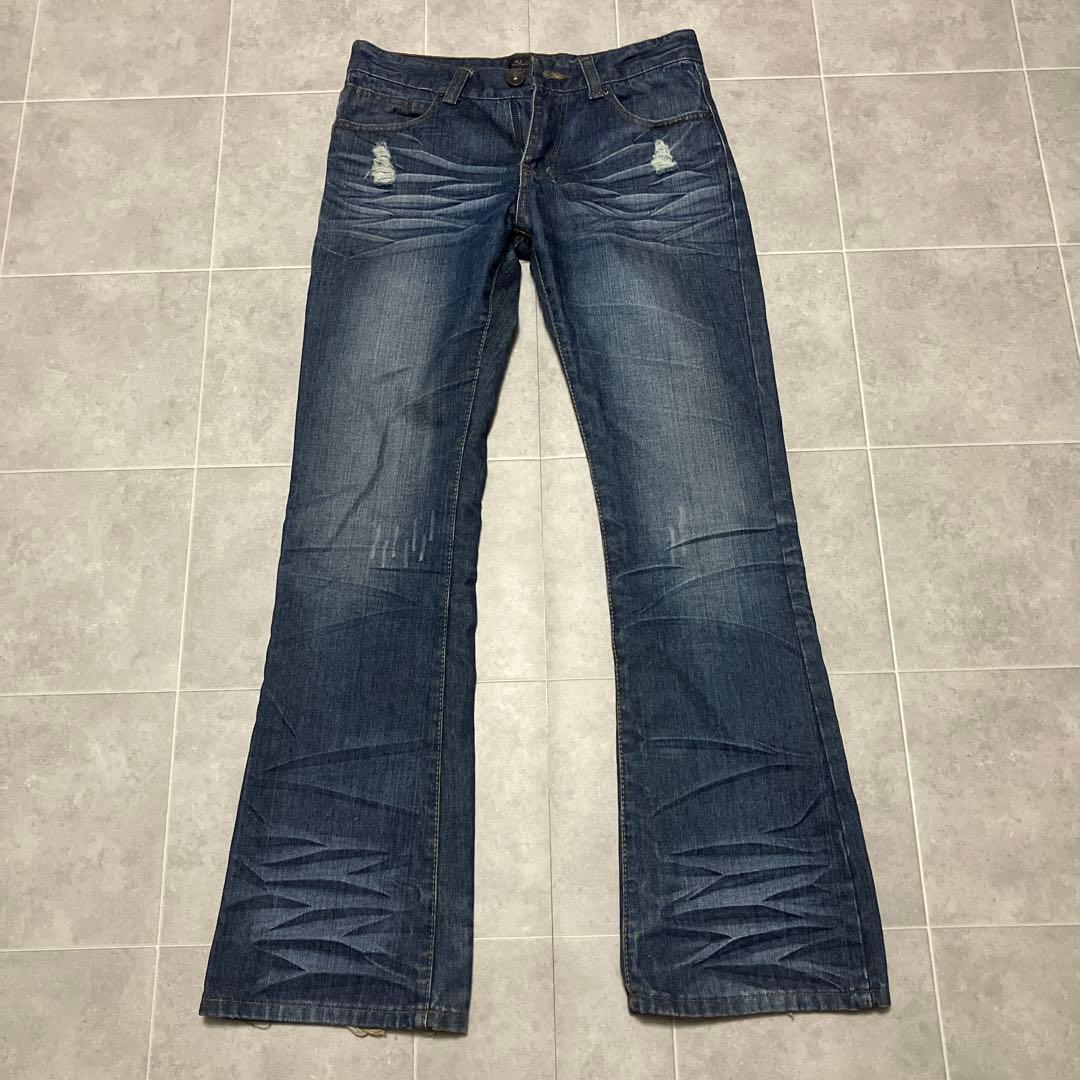 鬼ヒゲ フレア デニム Y2K 00s クラッシュ加工 グランジ ダメージ 濃紺