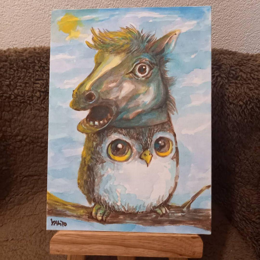 原画【 午年になりたいフクロウ 】アクリル水彩画 馬イラスト 梟