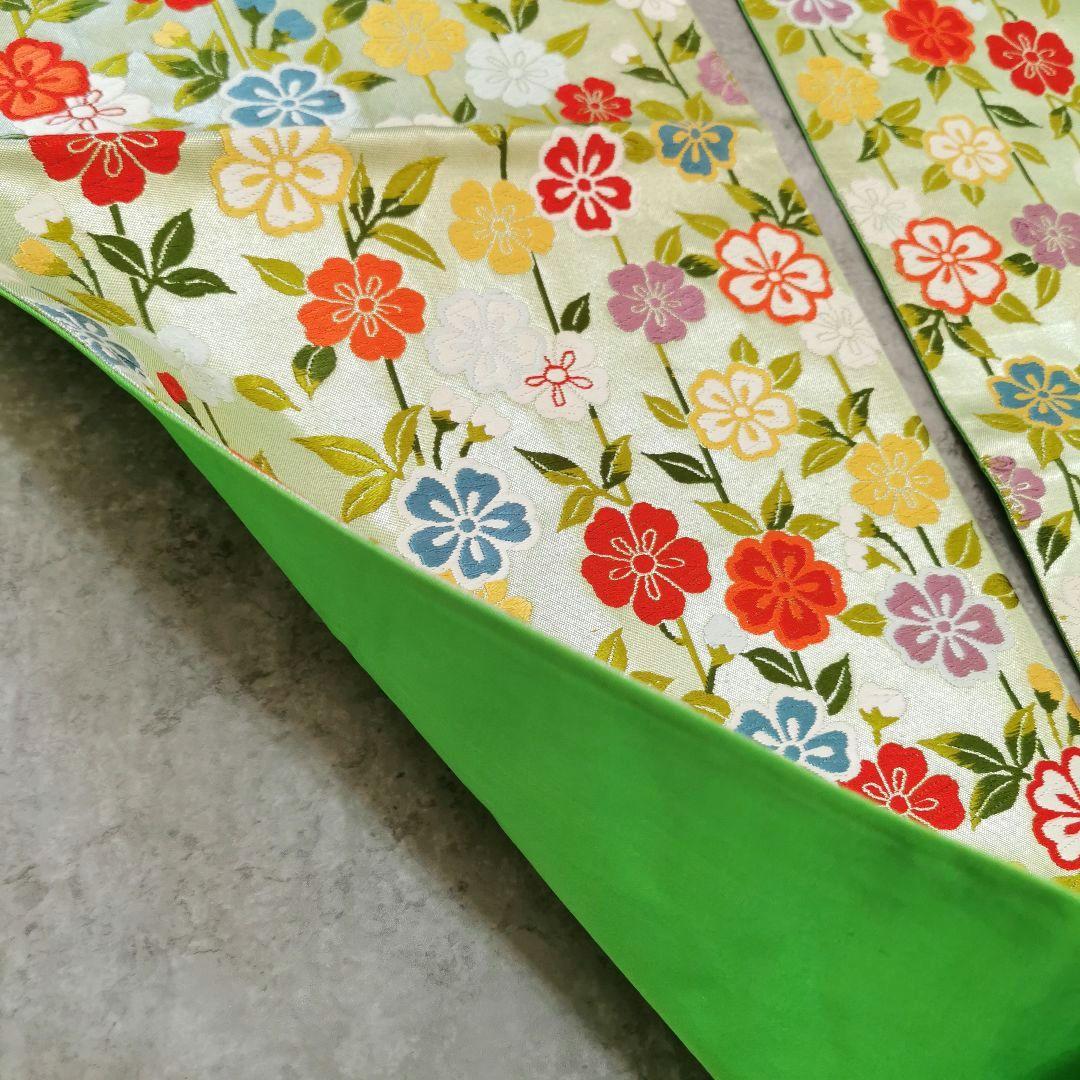 お花畑】レアなグリーン カラフルお花畑な 贅沢 唐織 袋帯
