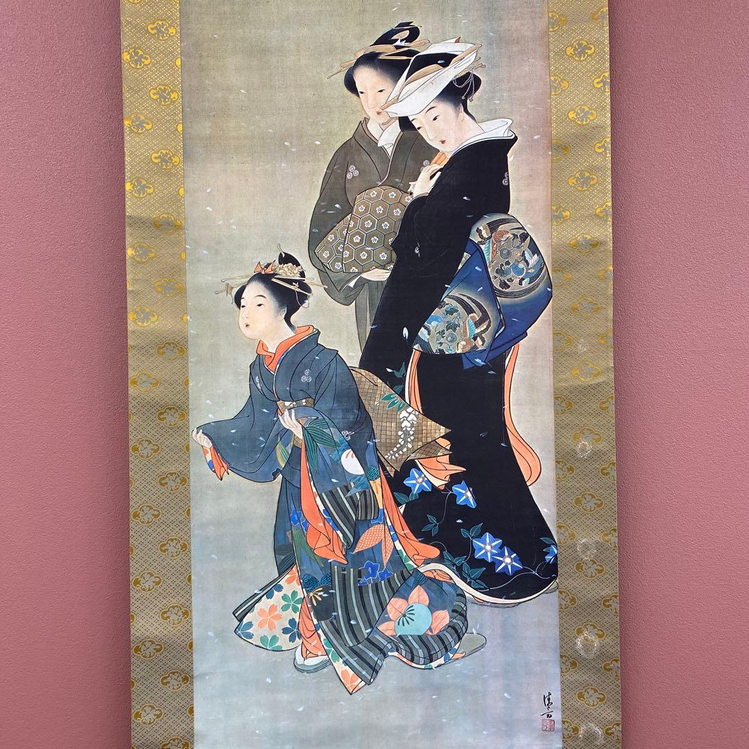掛け軸 日本画家 鏑木清方筆「花吹雪」美人画 名画 印刷 おもてなし