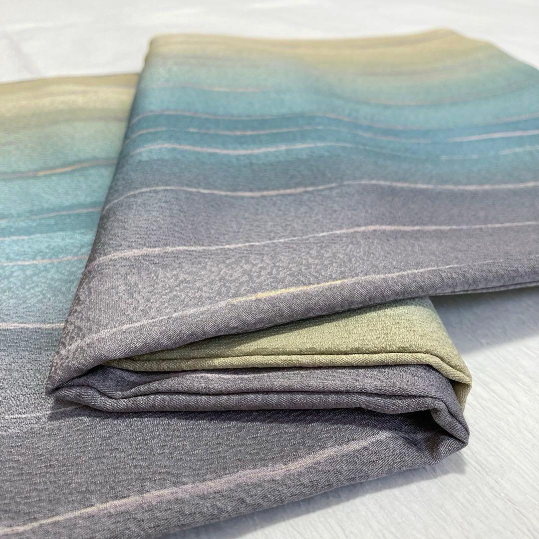 美品✨】東レシルック 洗える着物 小紋 変わり縞 ぼかし染め 青緑 灰茶