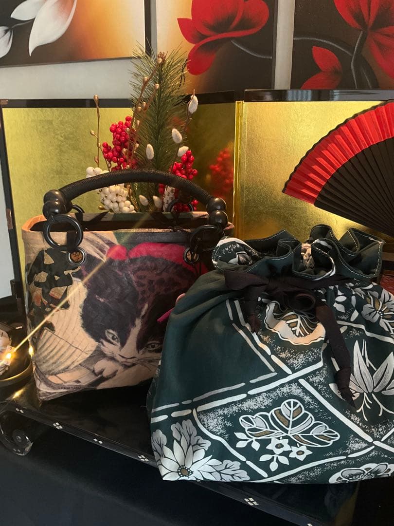 一閑張り 一閑張りバッグ 古文書 和紙 大正 着物 竹籠 小林清親 猫と