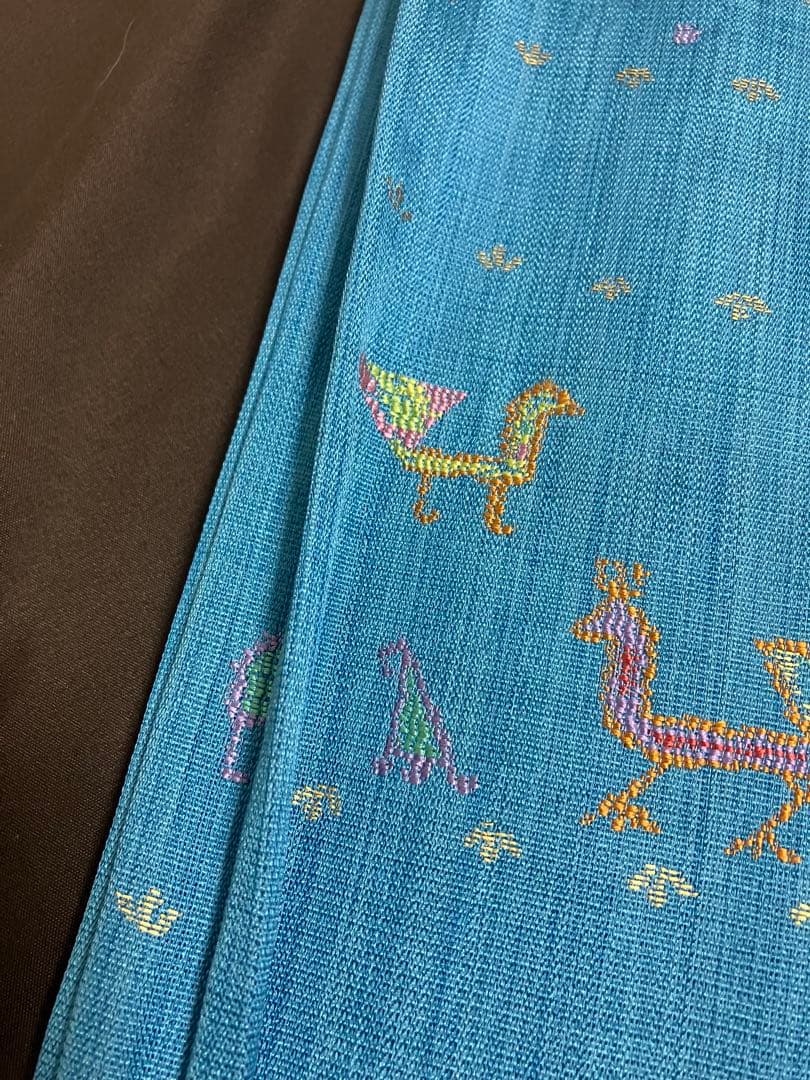 正絹 洒落袋帯 西陣織 異国情緒の可愛らしい動物文様／キリム調 青