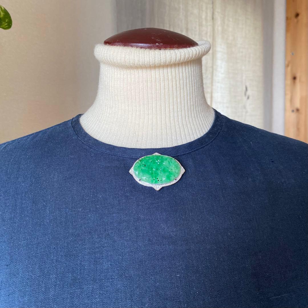 特注品 pt950翡翠ダイヤブローチ アンティーク帯留からのリメイク