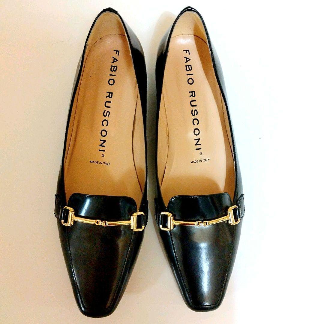 極美品 ファビオルスコーニ 本革 24.5 ビットローファー ローヒール 黒 FABIO RUSCONI ファビオルスコーニ レザー ローファー F4965 子牛革