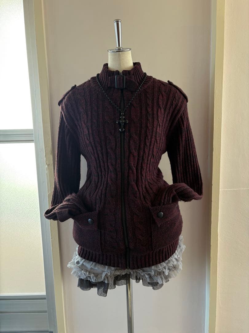 y2k 00s当時物 マーブルニット裏ボア ライダース ケーブル編み 平成ギャル