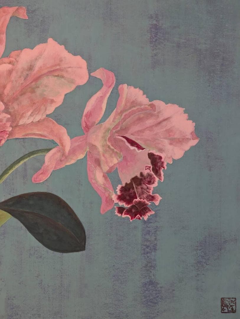 【真作】絵画　中澤登代　日本画10号　咲き誇るカトレア　箱入　Z20