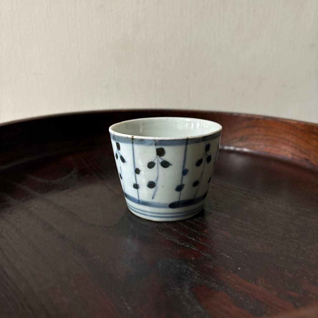 古伊万里染付　格子縞　蔓草文　⑤蕎麦猪口　江戸初期前期　アンティーク　白磁　李朝 古伊万里染付 格子縞 蔓草文 ④蕎麦猪口 江戸初期前期 アンティーク