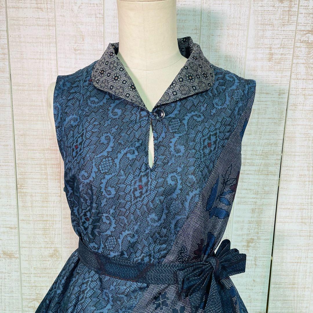 着物リメイク＊数種類の正絹大島紬で立ち襟＆テントラインワンピースM