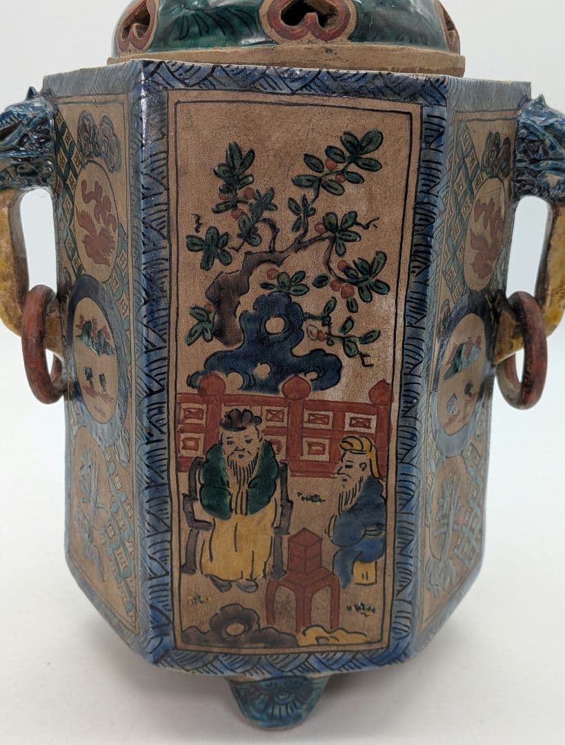 江戸期 古九谷 青手鳳凰摘三足香炉 合箱 角福 九谷焼 色絵窓絵 山水図