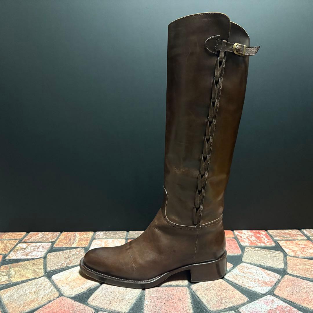 サルトル　ジョッキーブーツ　ロングブーツ 編み飾り　ベルト　本革　22.5cm