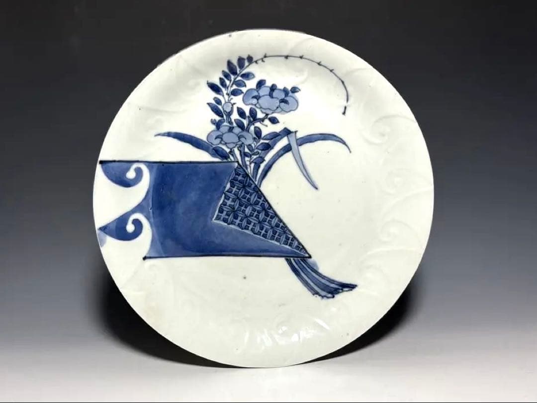「藍九谷」短冊花束文中皿 (完品) ギャラリー安原 / ご売約 藍九谷 白丸花文輪花中皿