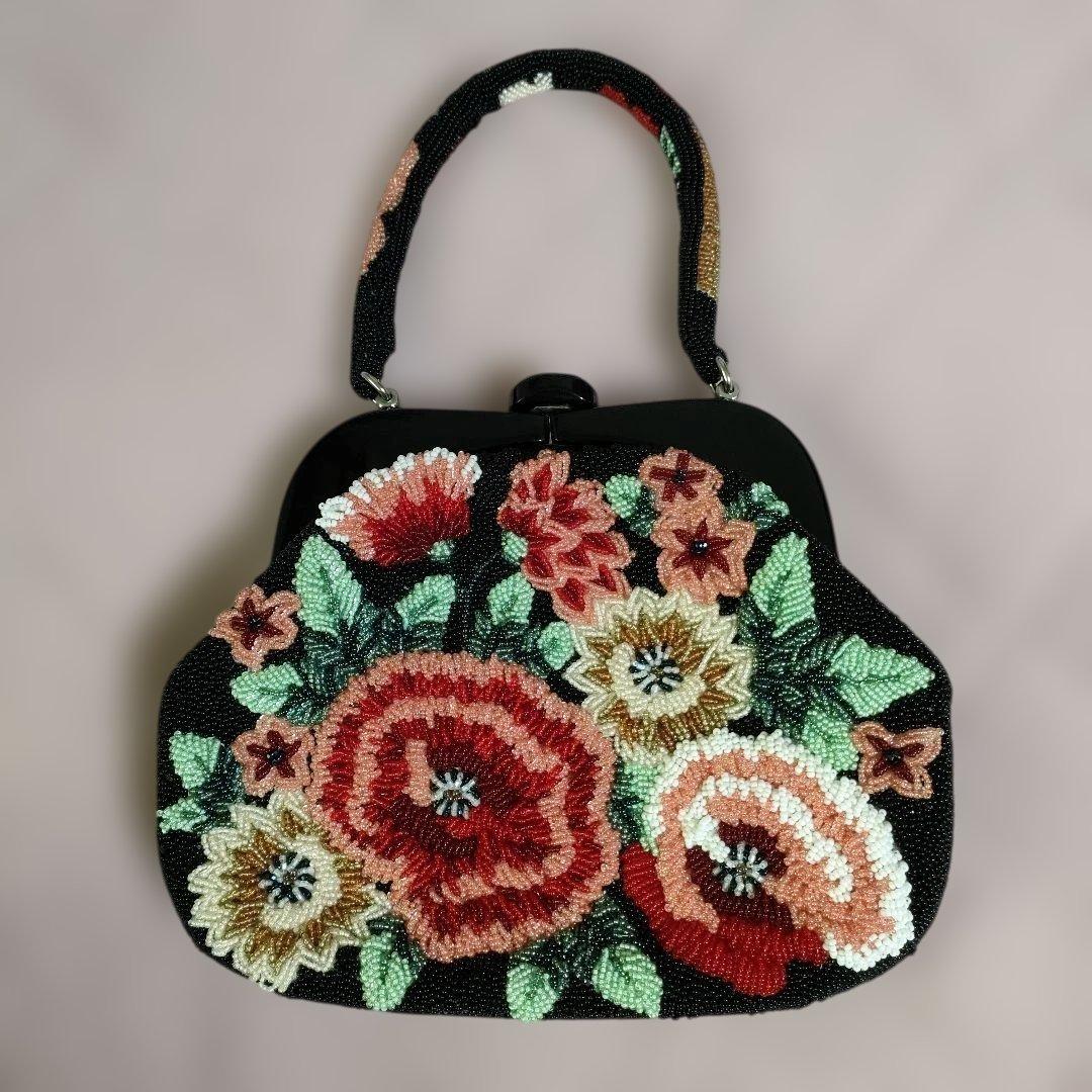 美品 ビーズバック 花柄 総ビーズ ハンドバッグ 和装 パーティ 昭和