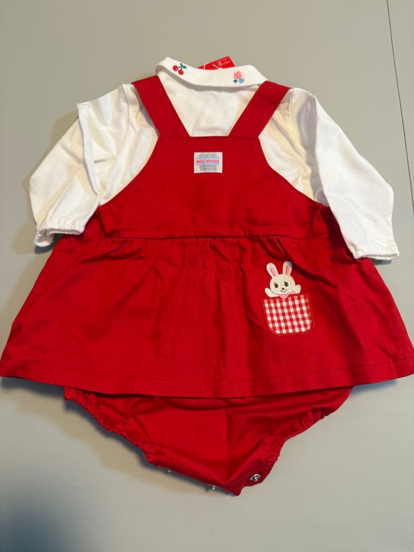 新品未使用タグ付】ミキハウス ロンパース 赤 刺繍ホワイトブラウス
