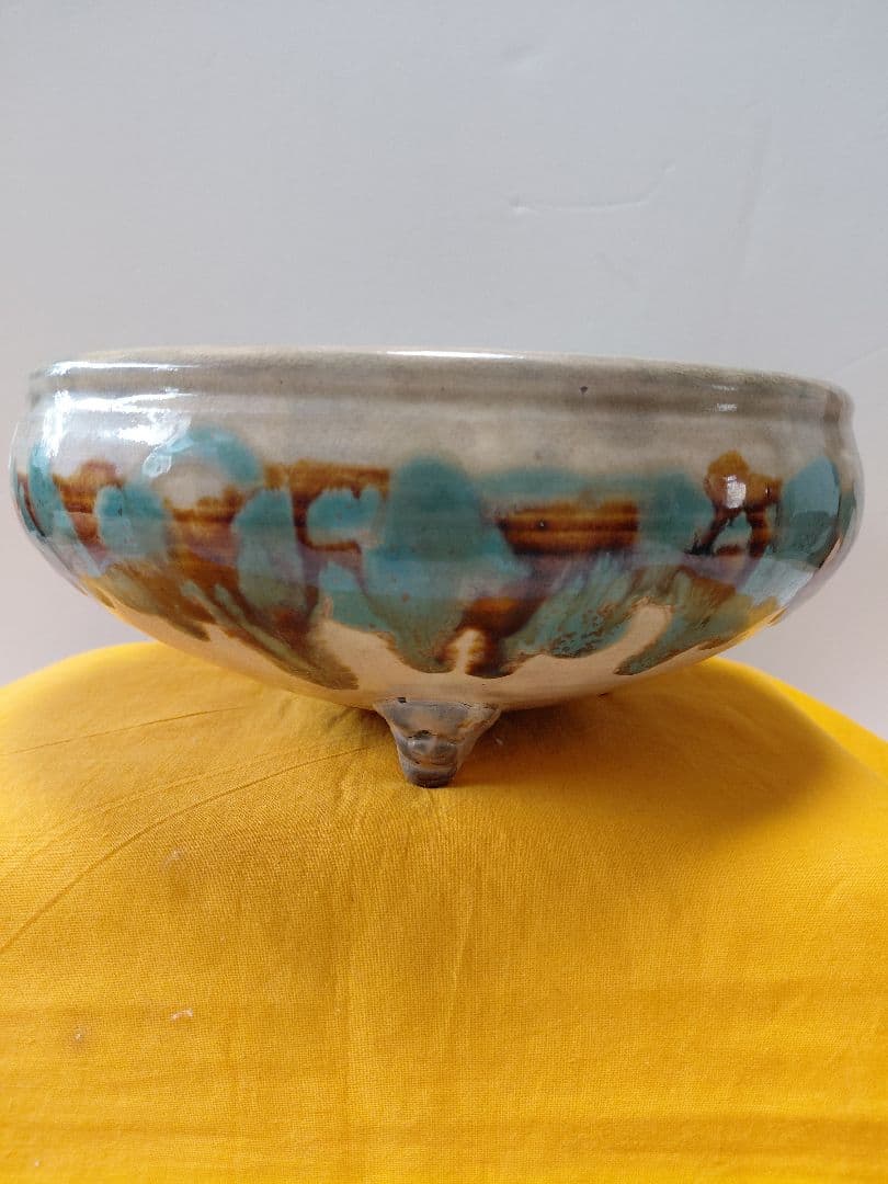 骨董 三足水盤 龍門司焼 二彩秞 明治～大正期 24×11センチ - メルカリ