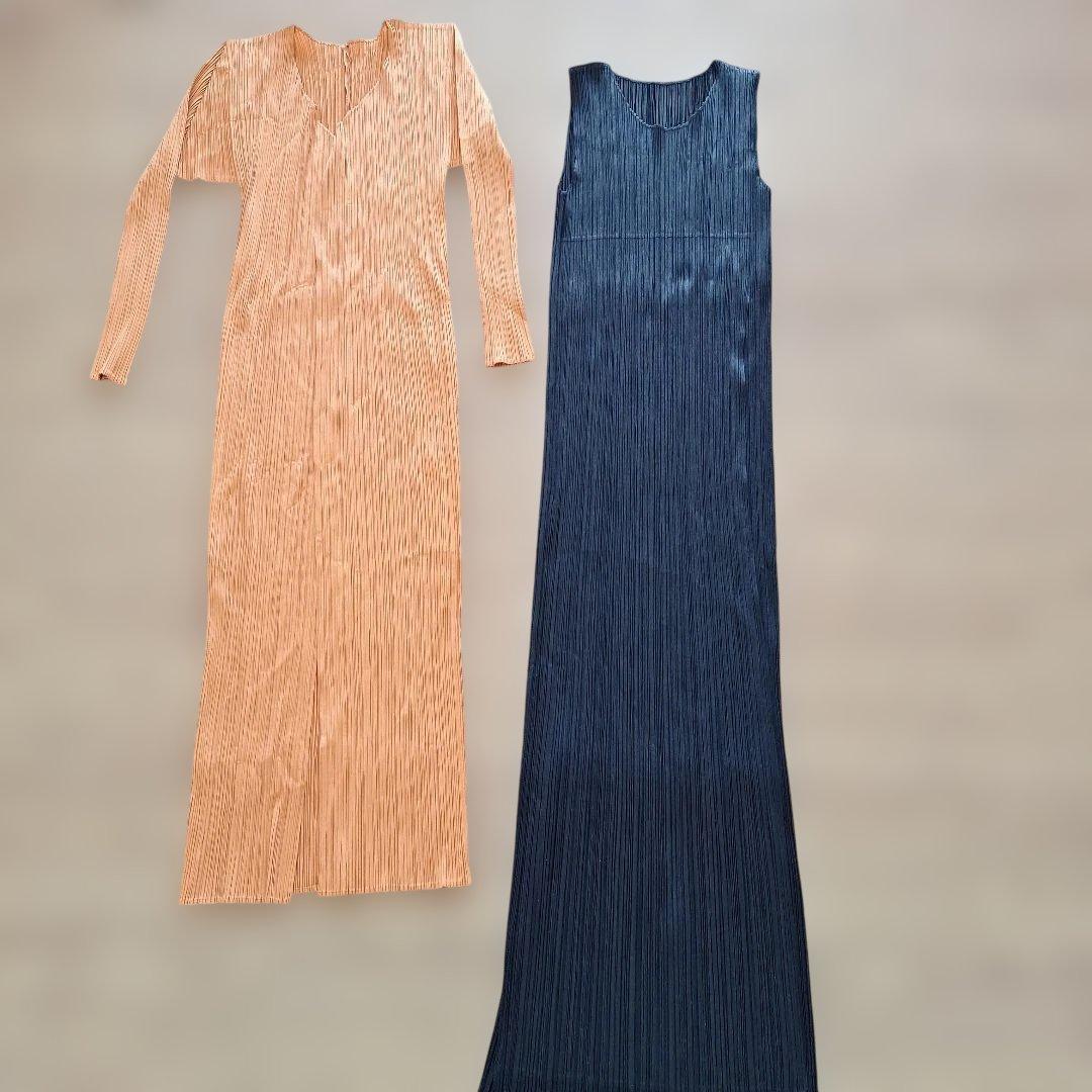 PLEATS PLEASE オレンジロングカーディガンと黒ワンピース 美品 ISSEY MIYAKE PLEATS PLEASE イッセイミヤケ プリーツプリーズ