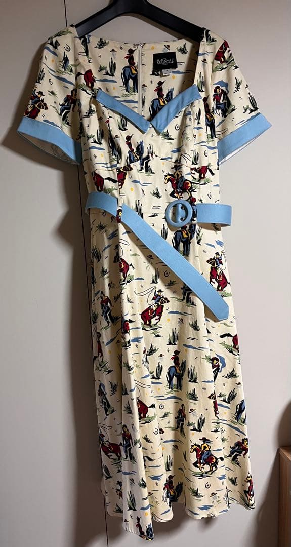 くろくま Collectifカウボーイ柄ひざ丈ロカビリー ワンピース XL】【送料無料】ロカビリー・ワンピース パネルライン（水玉）青 ひざ