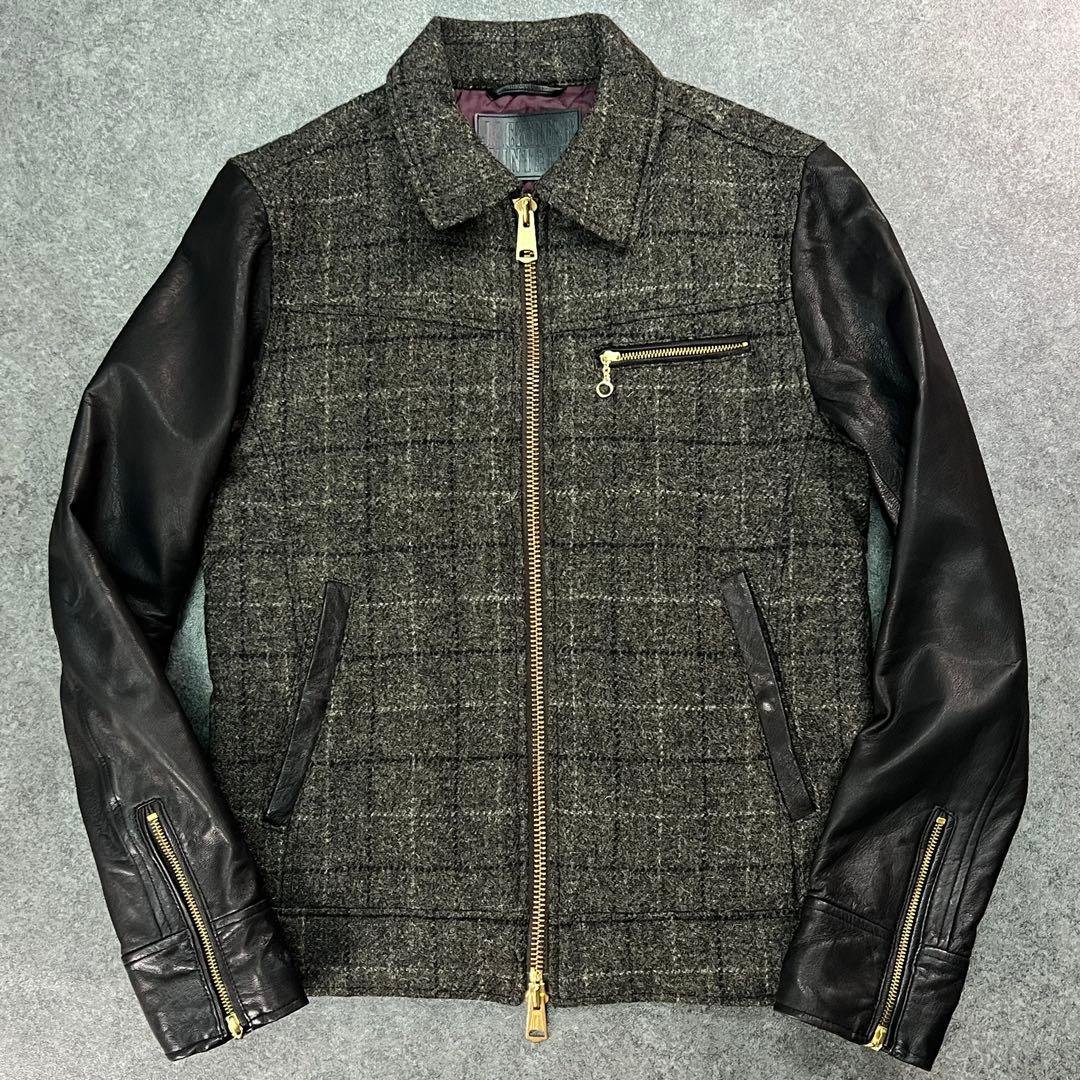 ジャックローズ ハリスツイード 袖革スタジャン ブルゾン ジップアップ