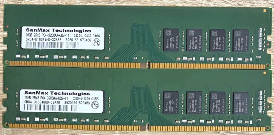 【中古】DDR4-3200 32GB(16GB×2枚) Sanmax DDR4メモリ 16GB(8GB2枚組) SanMax SMD4-U8G46ME-32AAR(マイクロン