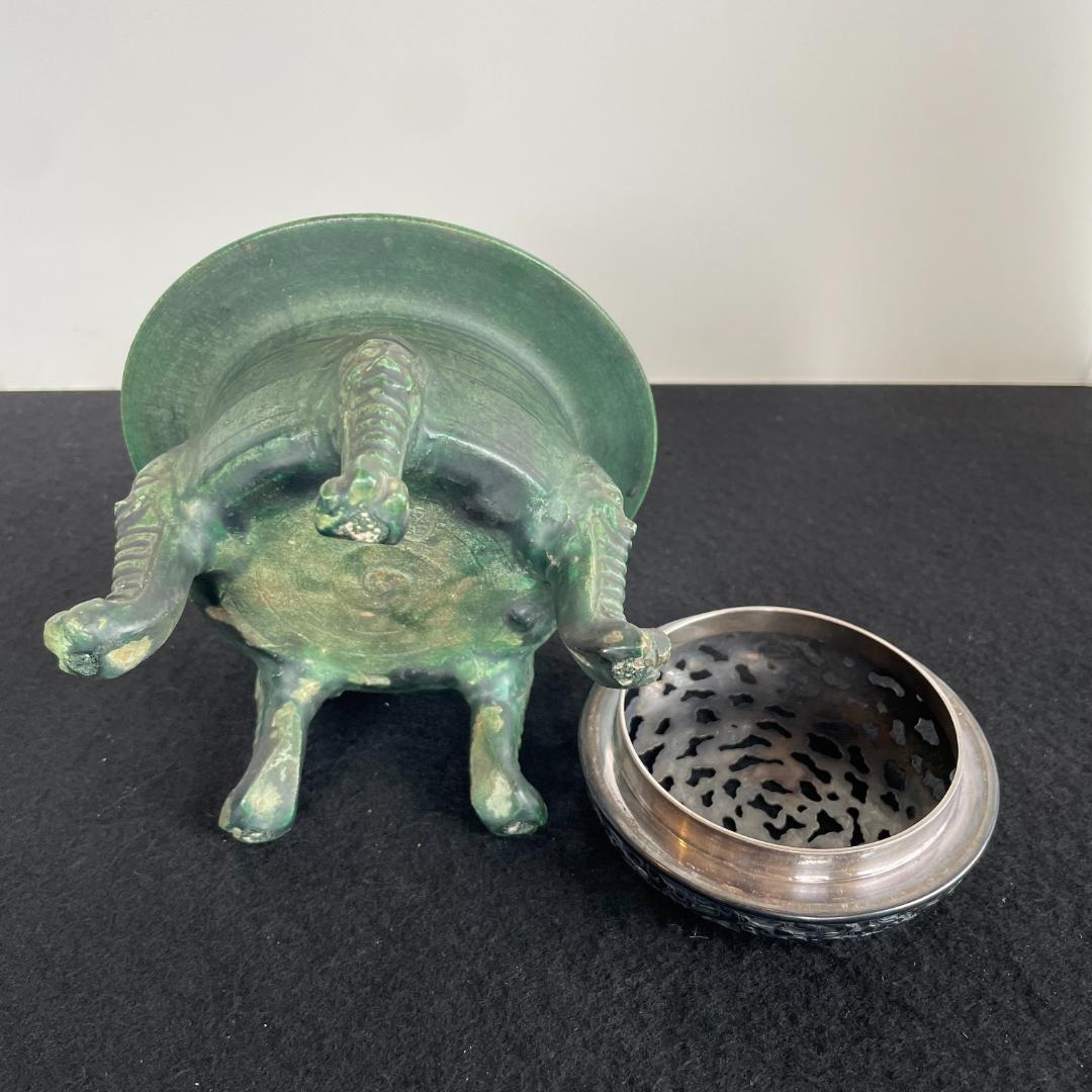 希少 初代 諏訪蘇山 造 漢窯写 緑釉 獣五足 獅子面