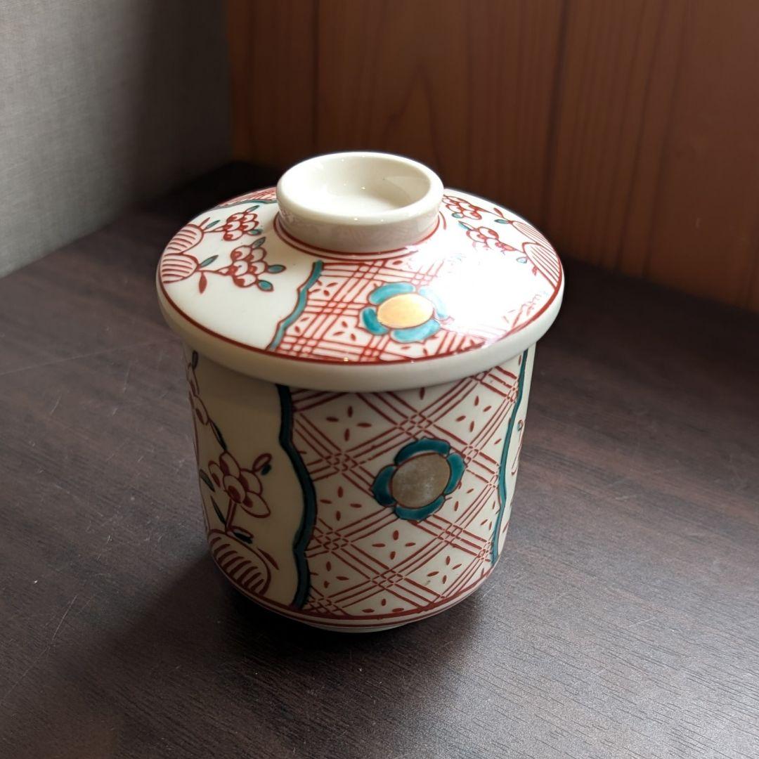 豪華な食卓に】九谷焼 赤絵金彩 蓋付き茶碗蒸し 径7.3cm高さ10cm