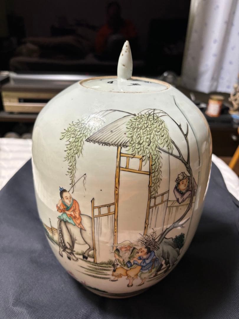 中国古美術 清末民国時代色絵粉彩壺漁樵耕読周佐興