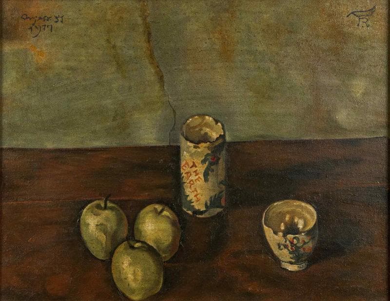 岸田劉生 油彩 肉筆『湯呑と茶碗と林檎』表サイン 鑑定書 F6号 額装