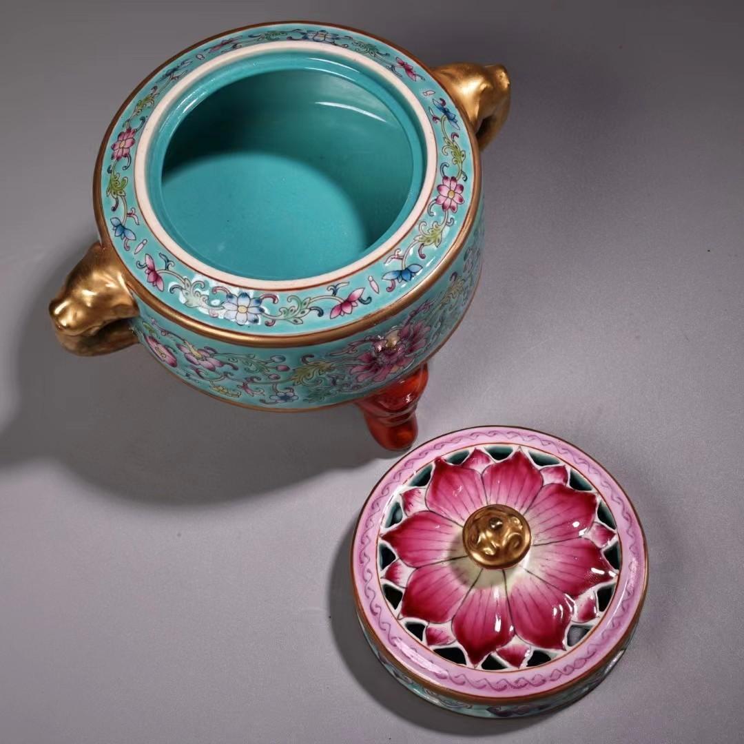 中国古美術・珍品旧蔵・七宝彩と鎏金磁器の熏香炉・純手描き・古陶瓷品