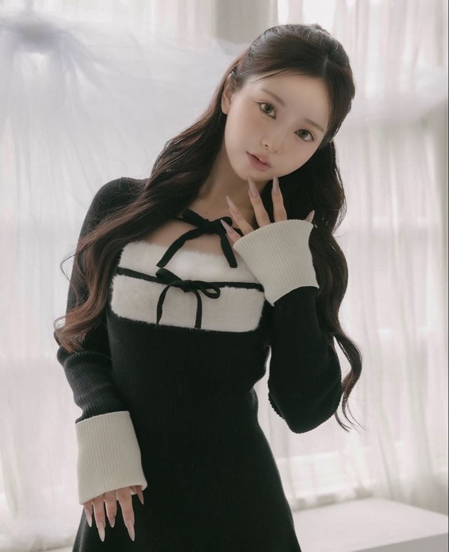 ダーリッチ リボンファーフレアニットミニワンピース ダーリッチ Darich リボンファーフレアニットミニワンピース