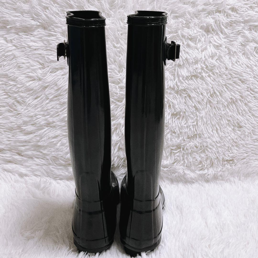 《美品》HUNTER レインブーツ トール グロス サイドベルト 24cm 黒