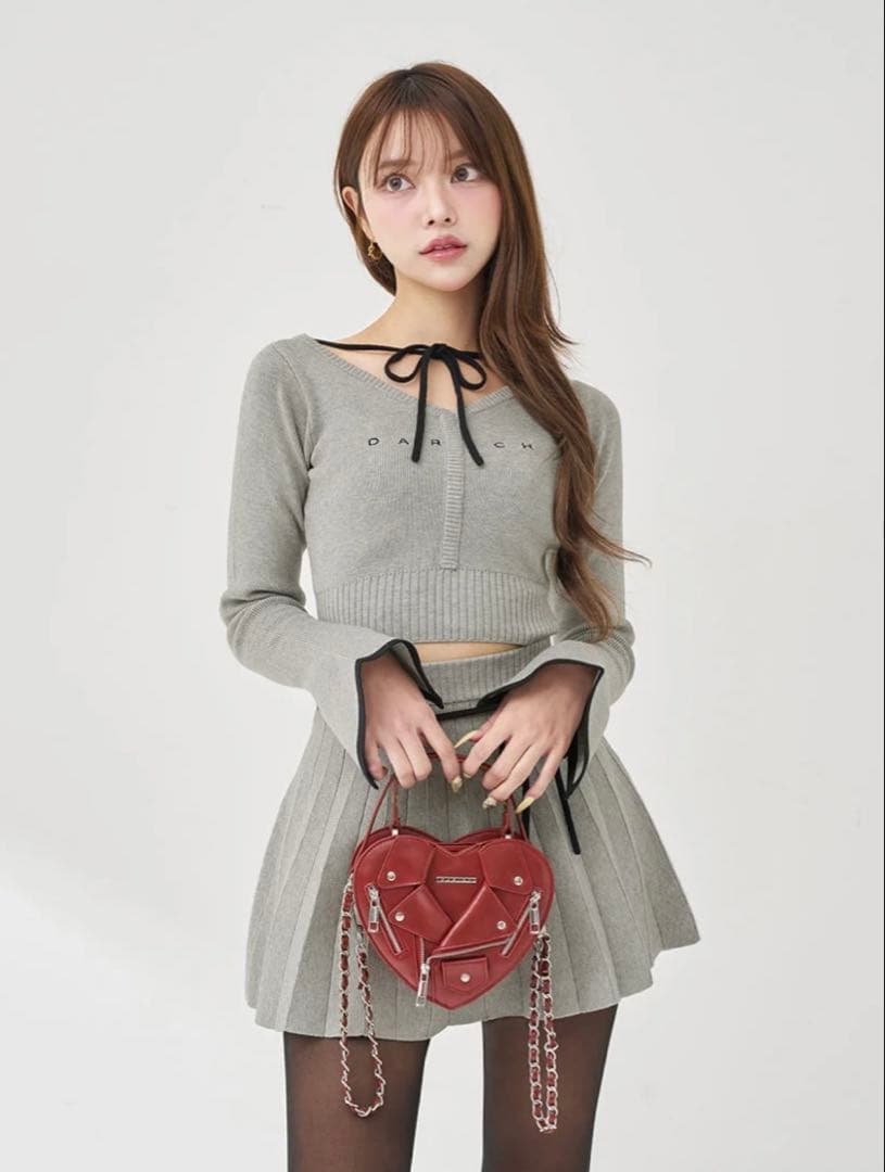 darich ウエストオープンリボンデザインニットミニワンピース （グレー