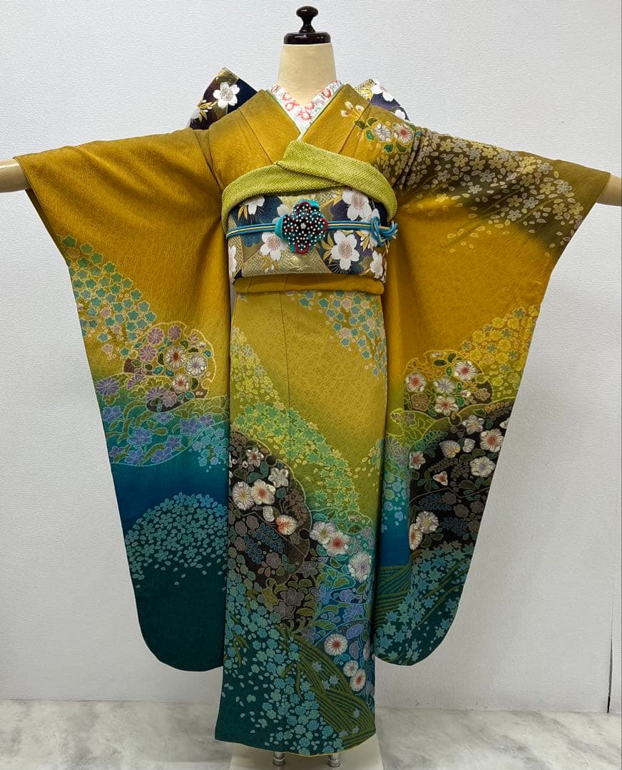 振り袖 フルセット 別誂長襦袢 辻ヶ花 金彩加工 成人式 暈し 辛子色
