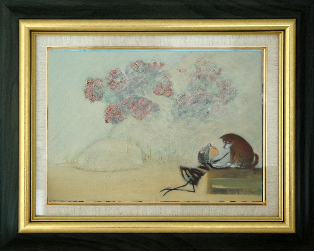 油絵菅家令子 絵 絵画インテリア額付(青緑＋金色の枠)uF6-071619犬女子 油絵 菅家令子 絵 絵画インテリア 額付(青緑＋金色の枠)uF6-113302花