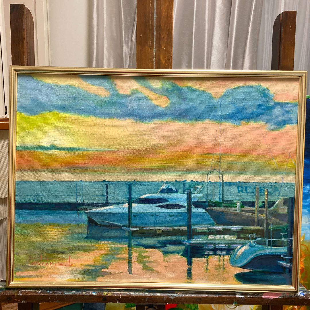油絵（ハーバーの夕景） 油絵 油彩 油彩画 絵 絵画【夕日の海辺】 | HIROSHI1990