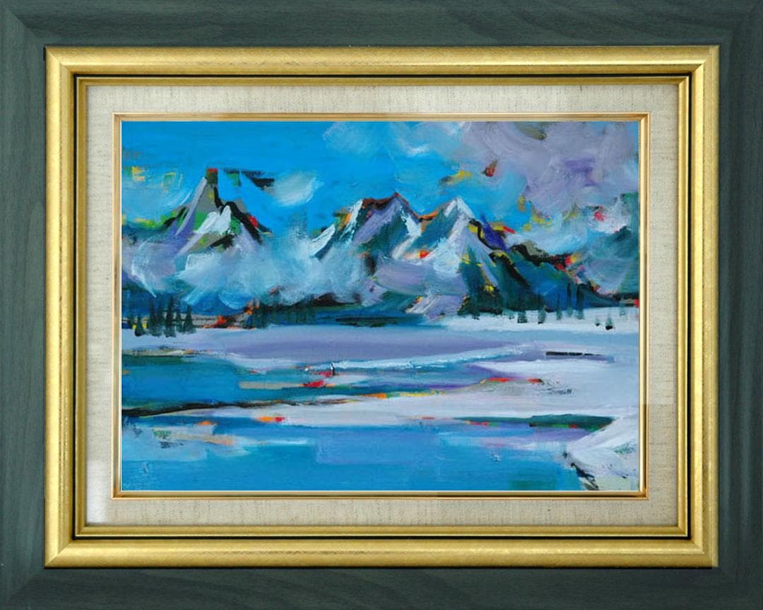 油絵 菅家令子 絵 絵画インテリア額付(青緑＋金色の枠)uF6-062903風景 油絵 菅家令子 絵 絵画インテリア額付(青緑＋金色の枠)uF6-062903