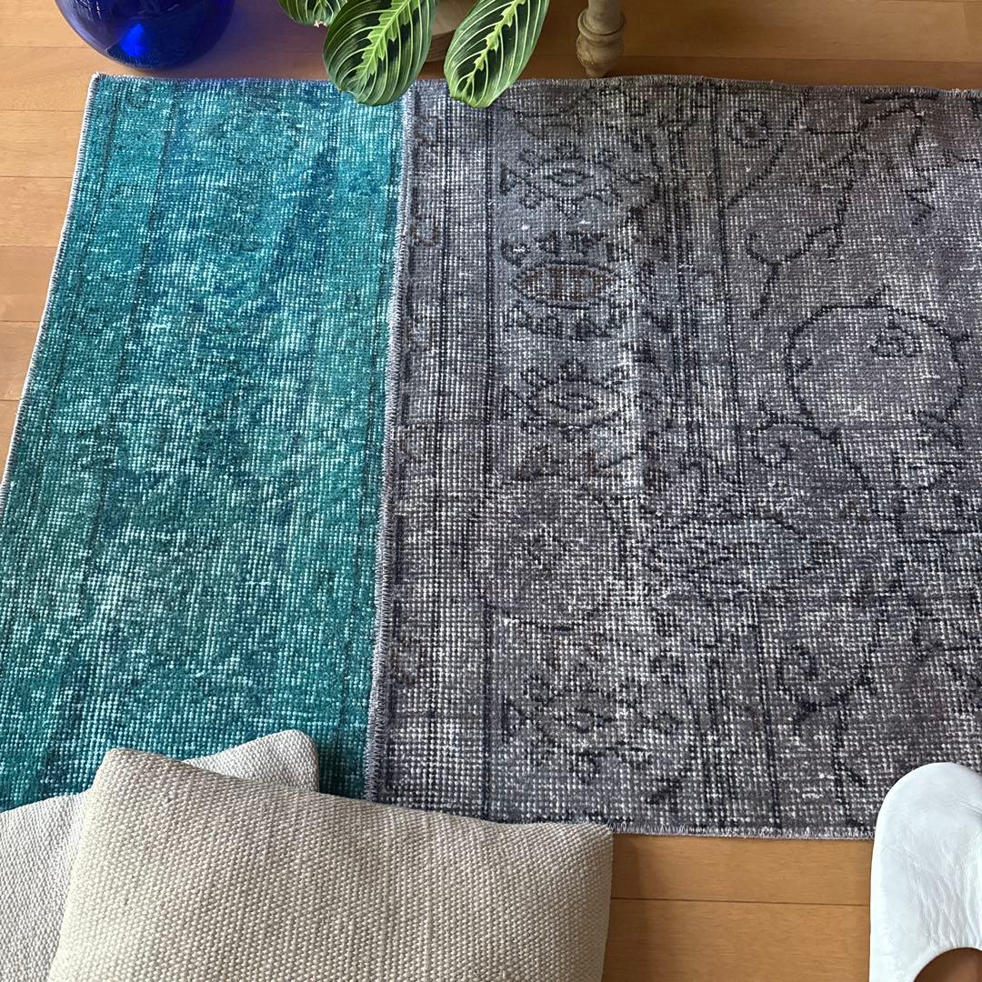 67.5×119パッチワーク ブルーグリーン×グレイ トルコヴィンテージラグ