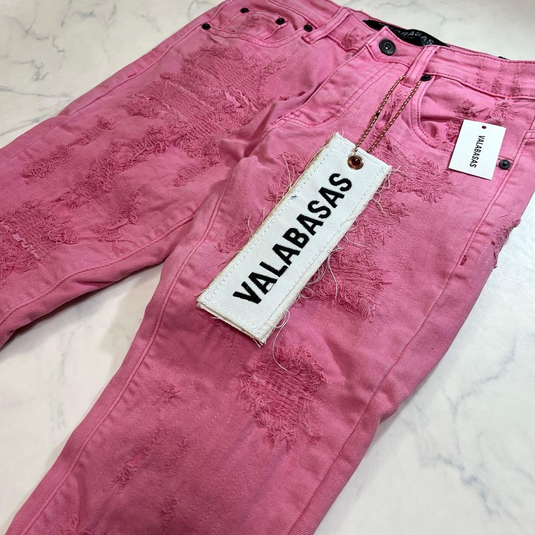 VALABASASバラバサススキニーフレアダメージピンクデニムクラッシュ