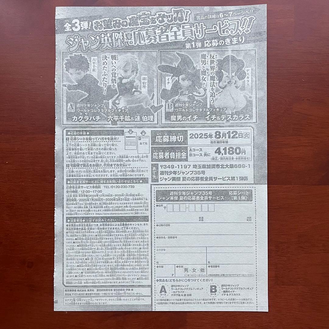 週刊少年ジャンプ 35号 付録 夏の応募者全員サービス 第1弾 応募シート