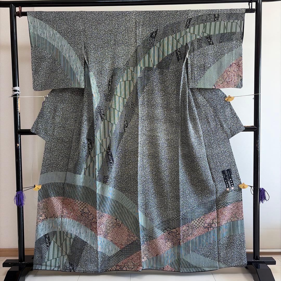 も*も様 ■E5848■美品■正絹■染谷梅治　落款　黒　江戸小紋　訪問着■丈16 新古品】 江戸小紋 訪問着 袷 着物 伝統工芸士 染谷梅治 作家物 黒 絵