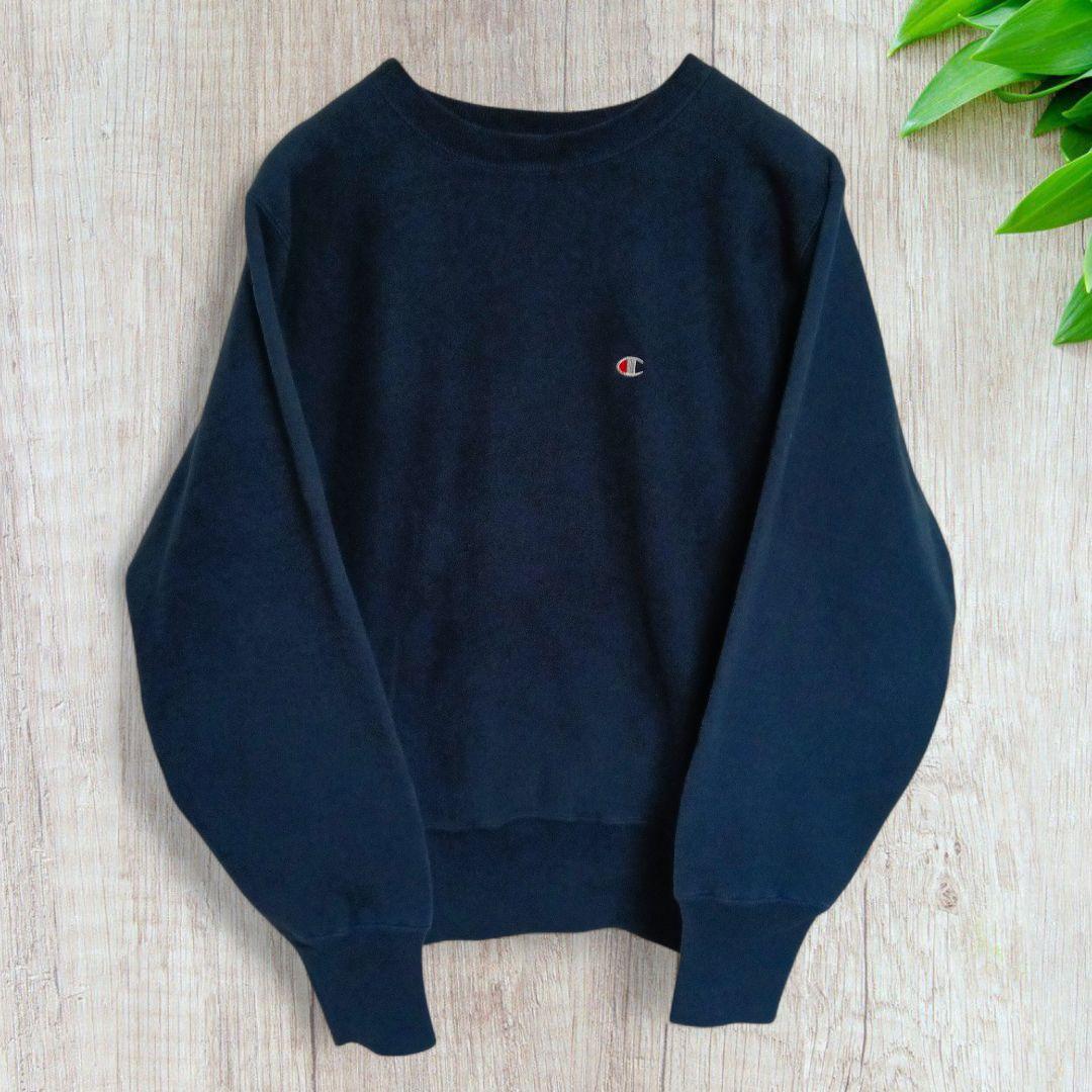 90s チャンピオン リバースウィーブ スウェット ネイビー 目あり 刺繍 90s USA製 Championチャンピオン スクリプト ビッグロゴ刺繍