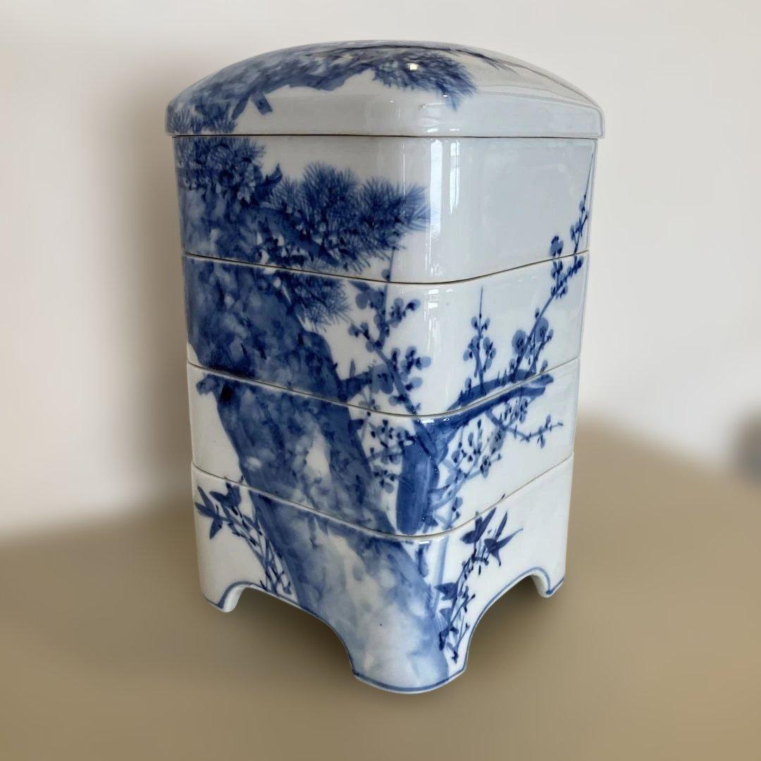手描 染付 陶器重箱 松竹梅 鶴 四段重 骨董 レトロ 瀬戸焼 庄平窯 山田