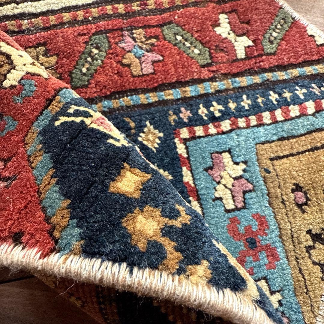 六角形ラグ約40.5×46 ウール100 ネイビーレッド トルコヴィンテージ